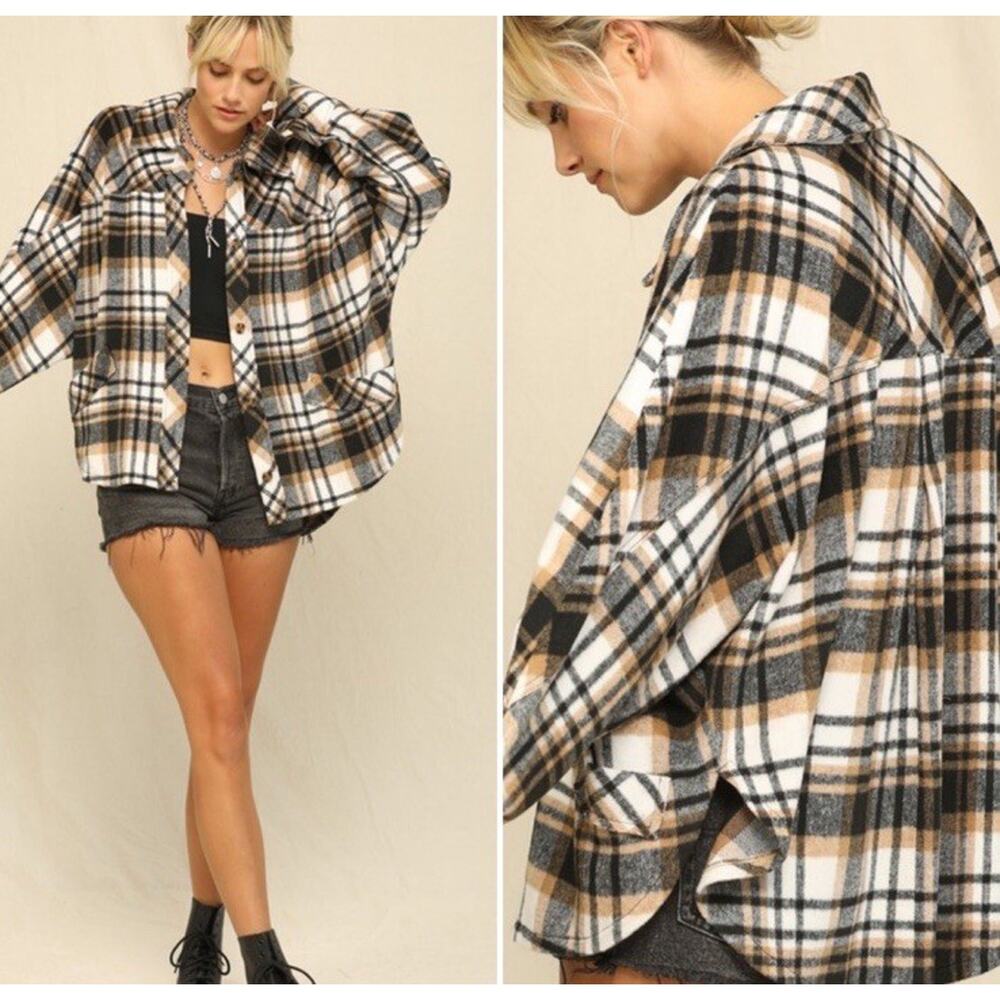 Kye Mi Shacket Size Large Plaid Flannel Oversized Brown Black White Cozy Winter